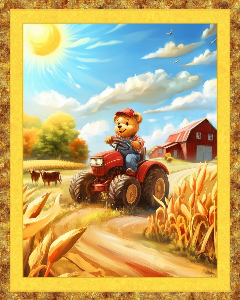 Tractor Teddy Fabric Baby Quilt Panel 36″ x 45″, Teddy Bear