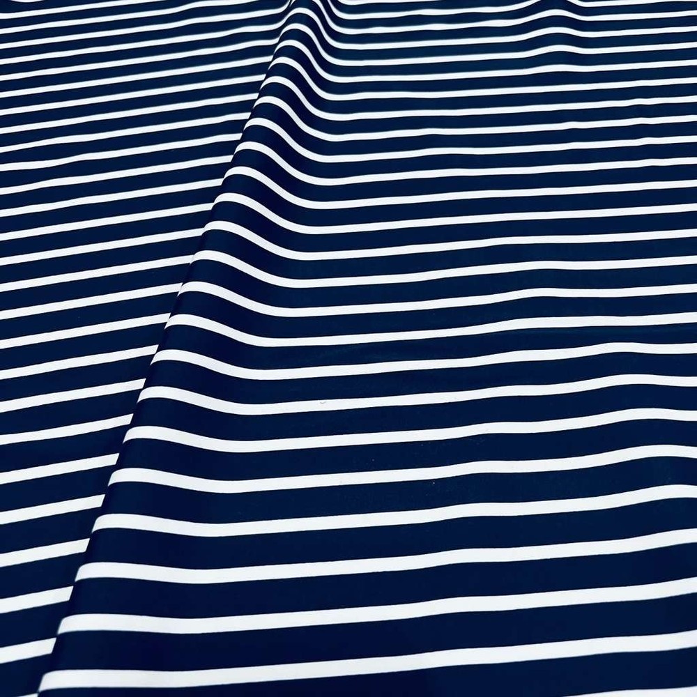 Swimwear Fabric Spandex Stretch Nylon Navy Blue & White Stripes print by Yard