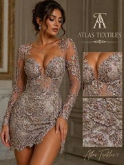 3D Floral Lace Fabric Light Mauve Beaded Embroidered Bridal Wedding Lace