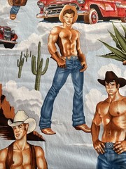 Alexander Henry Wranglers Shirtless Cowboy Fabric Sexy Country Truck Yd Blue