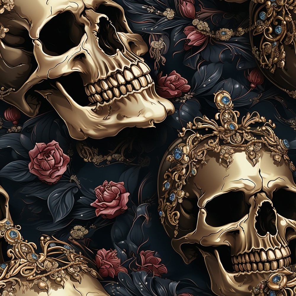 Skull and Roses Printed Cotton Fabric By The Yard