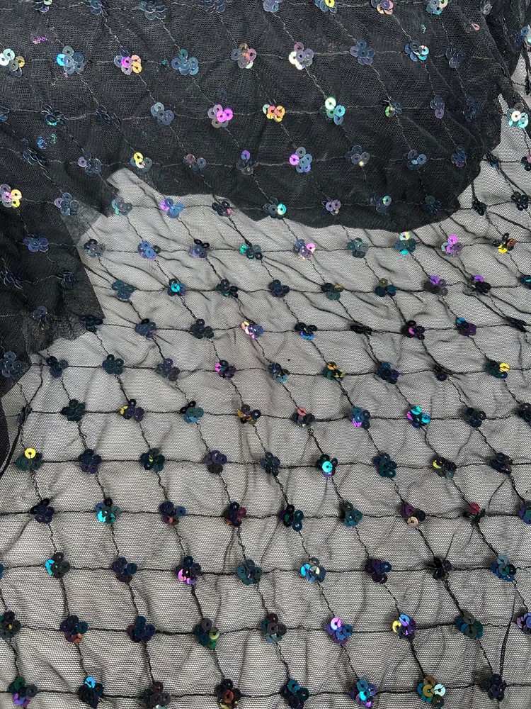 Black & Iris sequins embroidery Metallic mesh net Fabric 56″ Wide
