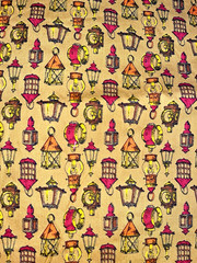 VTG Wamsutta Colonial Lanterns on Gold 38″x11″ +2 Squares 11″x10″