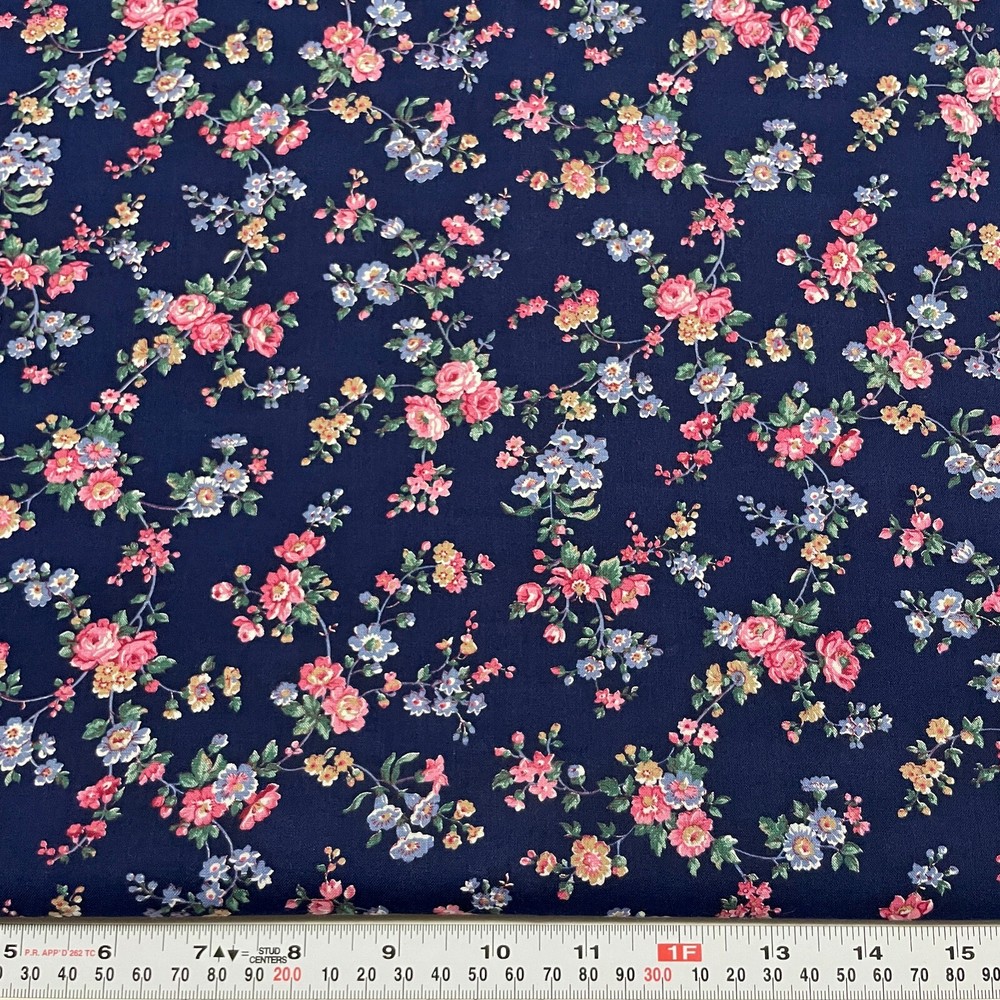 Vintage Cranston Florals on Navy Blue Cotton Fabric FAT QUARTER 18″ x 21″