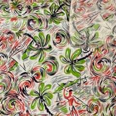 Vintage 40s 50s Novelty Print Fabric Tropical Island Palm Tree Tiki 31×28