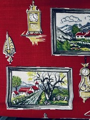 VTG `40-50`s BARKCLOTH Landscape Paintings and Colonial Decor on Red 34″x25½”