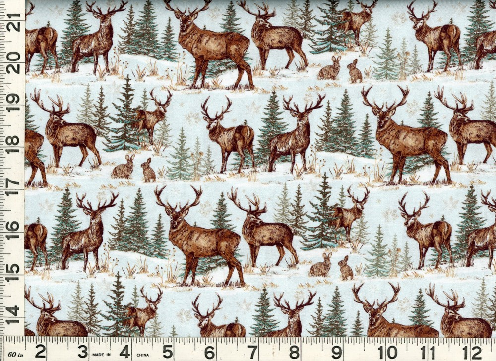 Deer Bucks & Rabbits in Pine Tree Fields Quilting Sewing Fabric by Yard #548 DP
