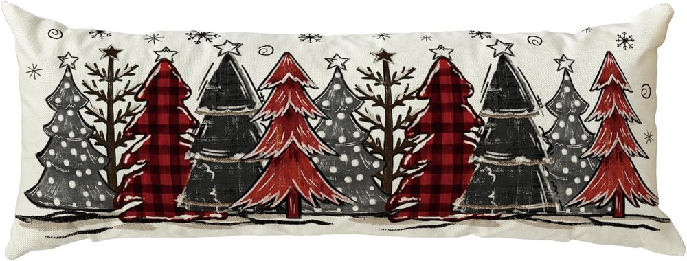 Watercolor Red and Black Buffalo Plaid Christmas Trees Long Lumbar Pillow Cover