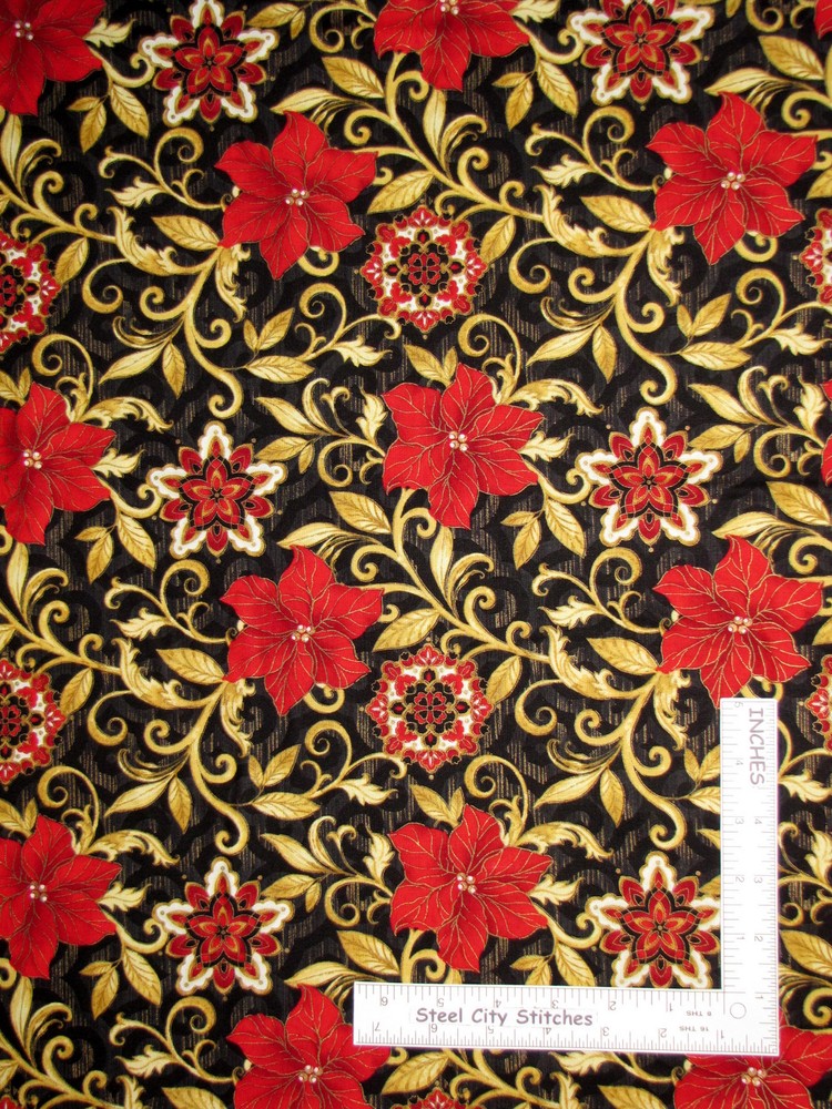 Christmas Poinsettia Gold Cotton Fabric Timeless Treasures CM4982 By The Yard