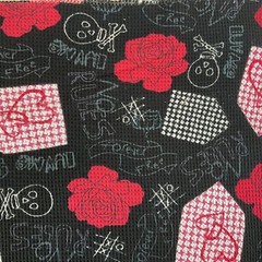 Black With Skulls And Red Roses Hearts Waffle Weave Double Knit 61” Wide x 4 Yds