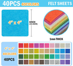 40PCS Felt Fabric Sheets Craft – 4″X 4″ Assorted Colors – 1Mm Thick Square Nonwo