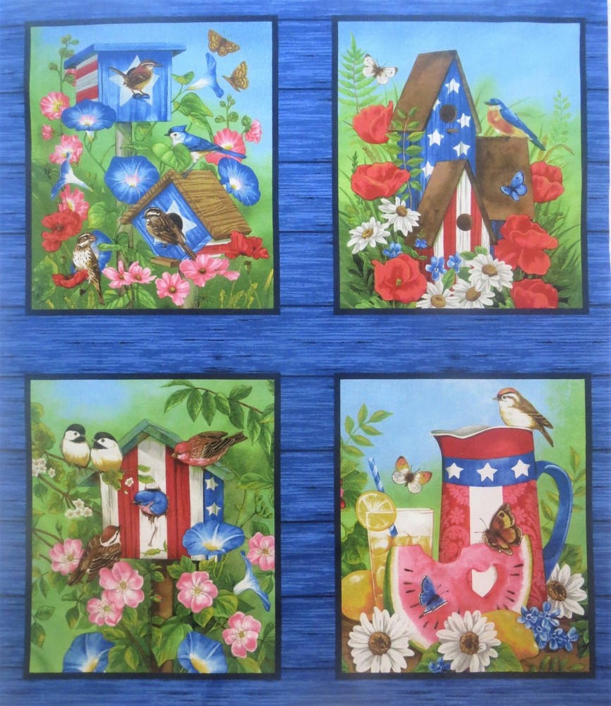 Chickadee Bird Birdhouse Flower Butterfly Fabric Panel 8.75″x 10″ Quilt Blocks B
