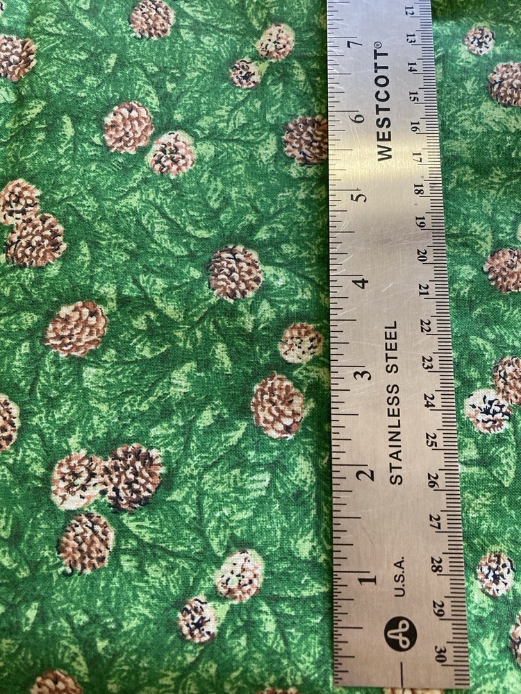 Small Brown Pine Cones on Green Pine Needles Cotton Fabric 1.3Y x 44″W