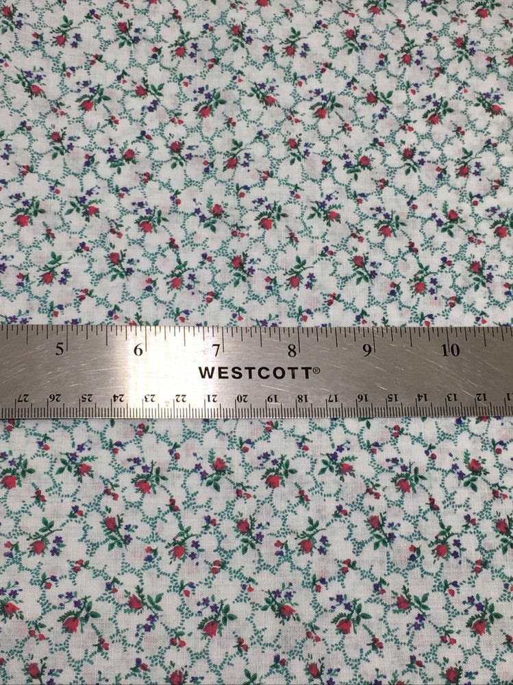 Tiny Red Roses & Purple Blossoms Green Accents on White VTG Cotton Fabric 24″