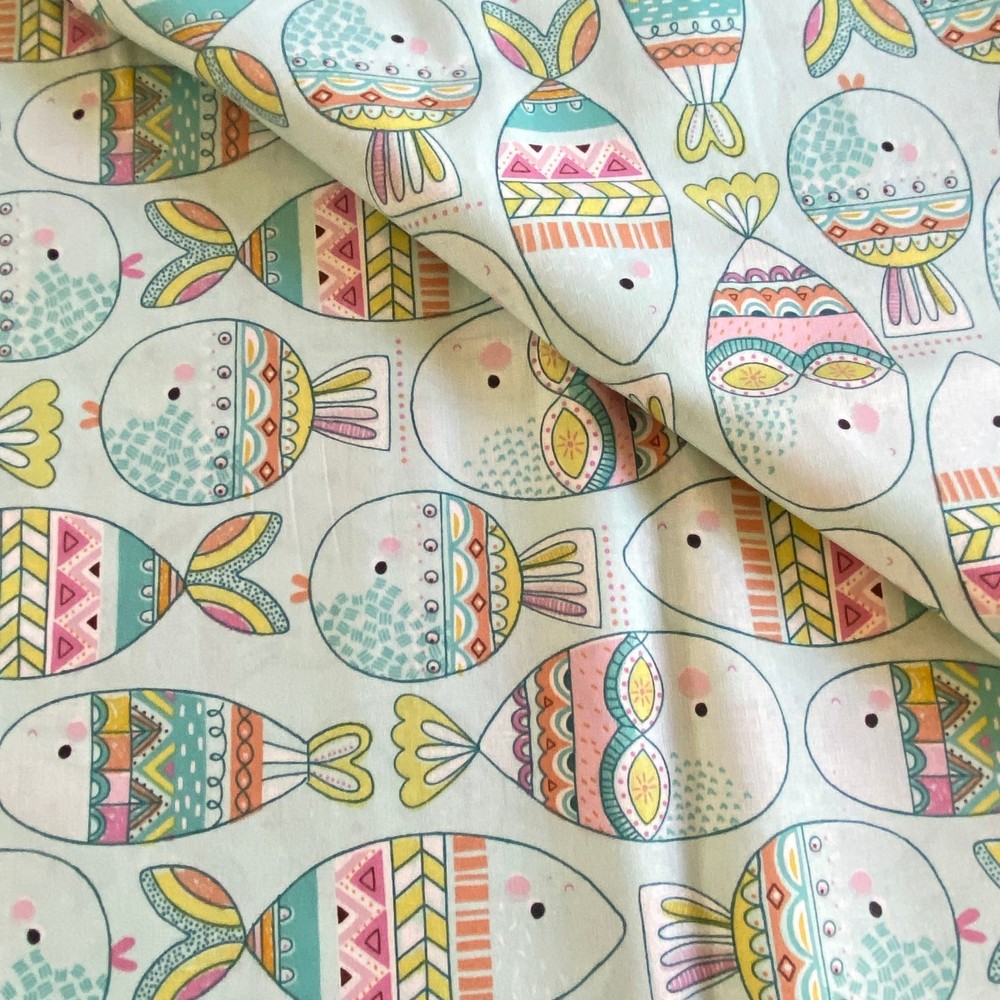 1.7 YD Novelty Fish Fabric Aqua Blue Cotton Print Hobby Lobby