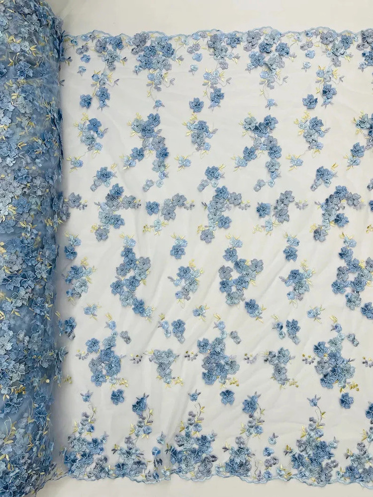 Light blue 3d floral Daisy design embroider with pearls mesh lace 52″