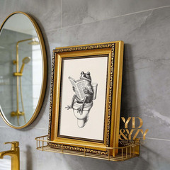 Gold Framed Funny Bathroom Frog Wall Art Canvas Frog on Toilet Reading Newspaper