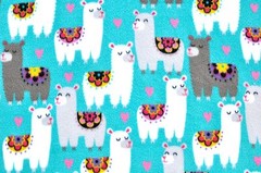 BTY*FLORAL WHITE & GREY LLAMAS WITH SADDLES ON TURQUOISE FLEECE FABRIC 60X36″