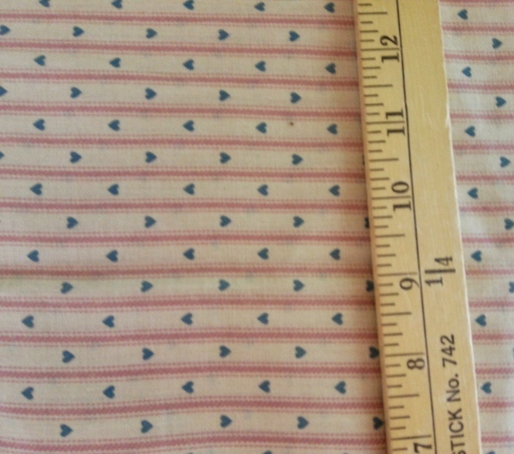 PINK STRIPES & BLUE HEART PRINT ON TAN 100% COTTON FABRIC 17X43 INCHES