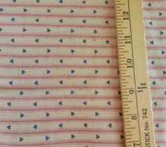 PINK STRIPES & BLUE HEART PRINT ON TAN 100% COTTON FABRIC 17X43 INCHES