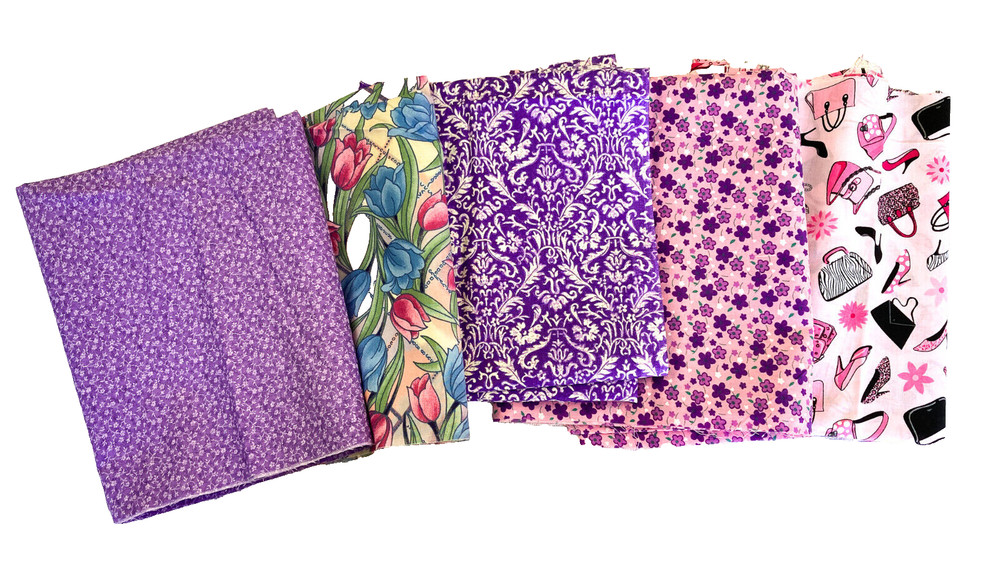 5 Pieces Vintage Quilting Fabric Assorted Patterns Tulips, Purses, Flowers NEW!