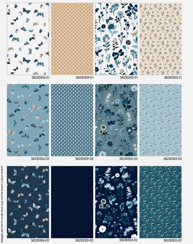Midnight In Bloom Fat Quarter Pack By Camelot Birds Butterflies Navy & Peach