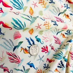 Printed Colored Corals with Fish Stretch Fabric 60″wide Swimsuit Spandex By Yard