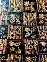 Fabric African Tribal Black Orange Folk Art Figures Squares 4.9 Yards Material