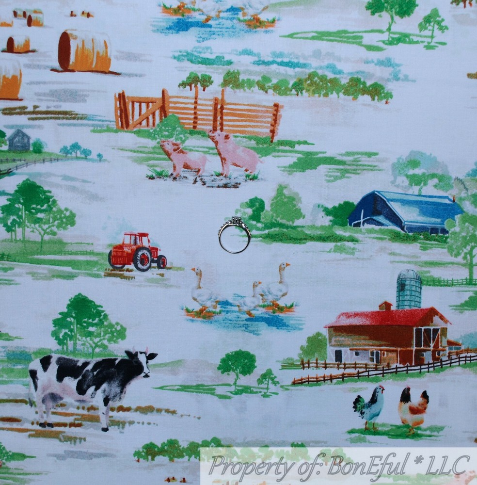 BonEful Fabric FQ Cotton Quilt B&W Cow Scenic Farm Animal Red Tractor Green Tree
