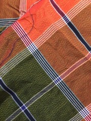 Vintage Thai Silk Plaid Fabric Orange, Green, Navy Lrg Scale 1.9 yrd x 43″ wide