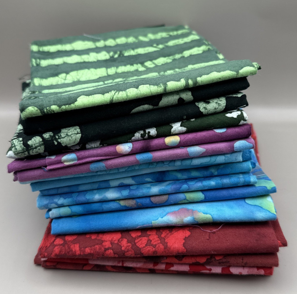 16 Batik Cotton Fabric Fat Quarters Red Blue Green Purple