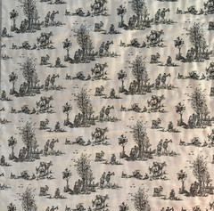 VTG French Country Toile Fabric Black Beige Pastoral Colonial Farmstead 2.5 yd