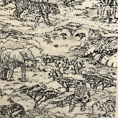 Classic Cottons Tigers Elephants Toile Black White Print Cotton Fabric 4 Yards