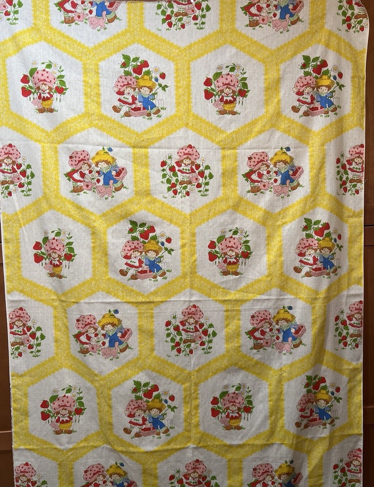 Vintage 1980s Strawberry Shortcake Fabric Spring Mills 2 Yards Honeycomb Yellow