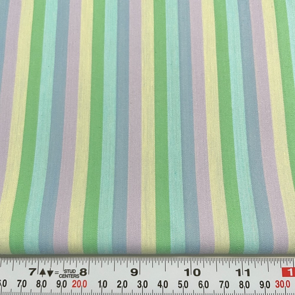 Vintage Pastel Yellow Green Blue Purple Striped Polyester Blend Fabric 2 yards