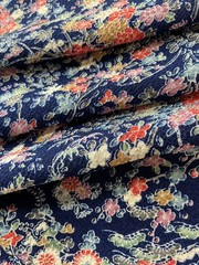 Vintage Japanese kimono silk fabric Chirimen/ navy blue, fans OT14