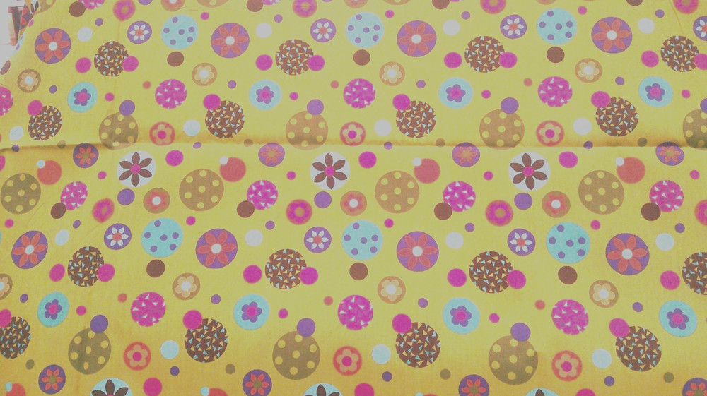 Fabric Benartex “Circles” of Aqua Raspberry Olive Orange Pink on Lime $4.25