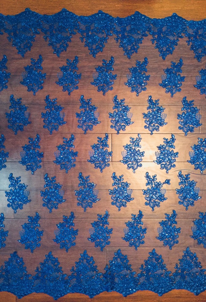 Brianna ROYAL BLUE Polyester Floral Embroidery with Sequins on Mesh Lace Fabric