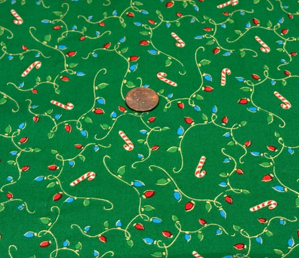 Christmas Light Strings*Candy Canes*on Green * Fabri-Quilt *100% Cotton *8″ x21″