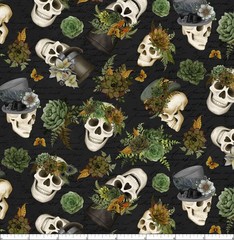Lumin/White Owl – Dark Academia – Skulls And Hats – Black, Fabric BTY
