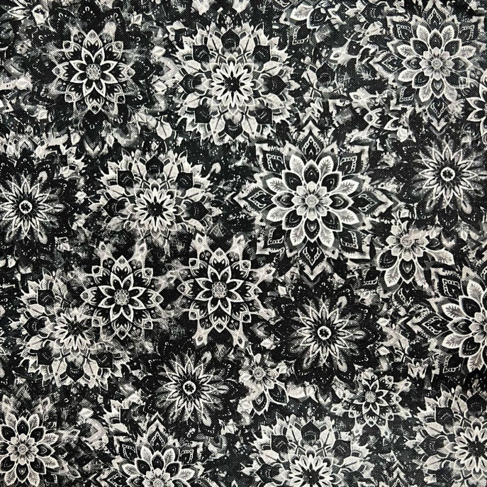 108″ Extra Wide Dancin Dahlia Quilt Backing BTY Cotton 6 Black Light Gray