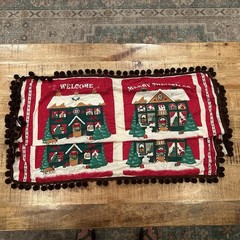 Vtg Christmas Table Cover Block Panel Fabric Craft Decor Brown Pompoms – A