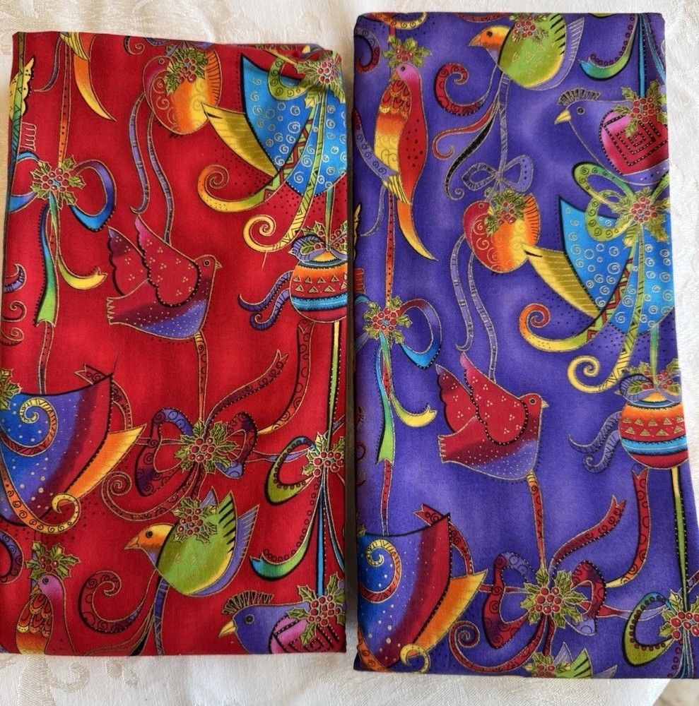 Holiday Celebrations By Laurel Burch Birds Christmas Red & Purple Fabric 2 Yards