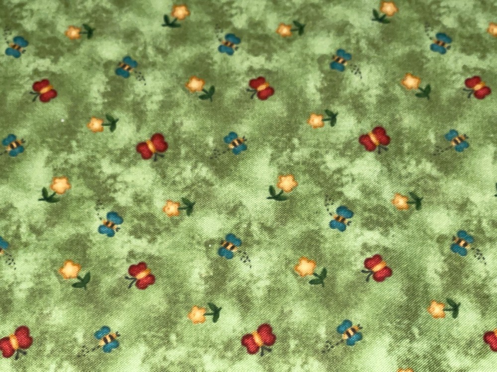 1/2 Yd Country Cousins Red Rooster Cotton Fabric Flowers Butterflies on Green
