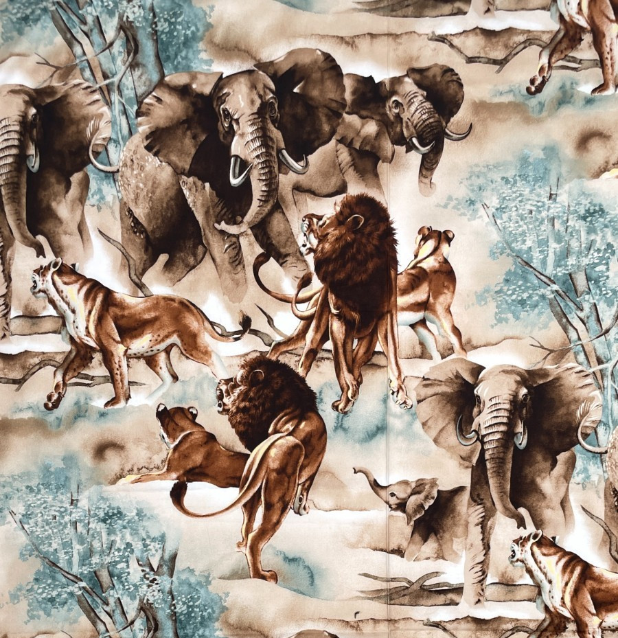 Alexander Henry Simba Cotton Fabric 1.5yd Elephants Lions Safari 2006 OOP