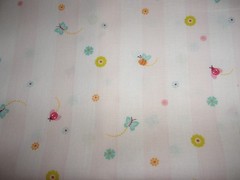 REMNANT PALE PINK STRIPE FABRIC WITH BUTTERFLIES, BEES & FLOWERS, 28″ X 44″