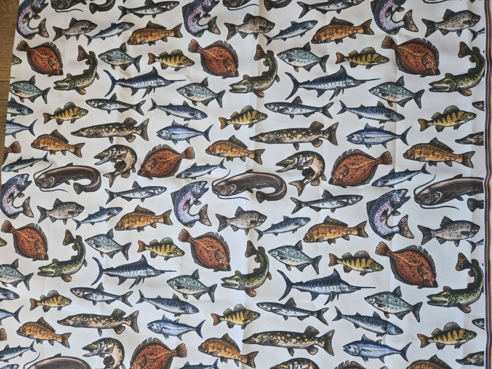 White Canvas With Fish Print Fabric 58″ X 35″ Sewing Projects Crafting Home