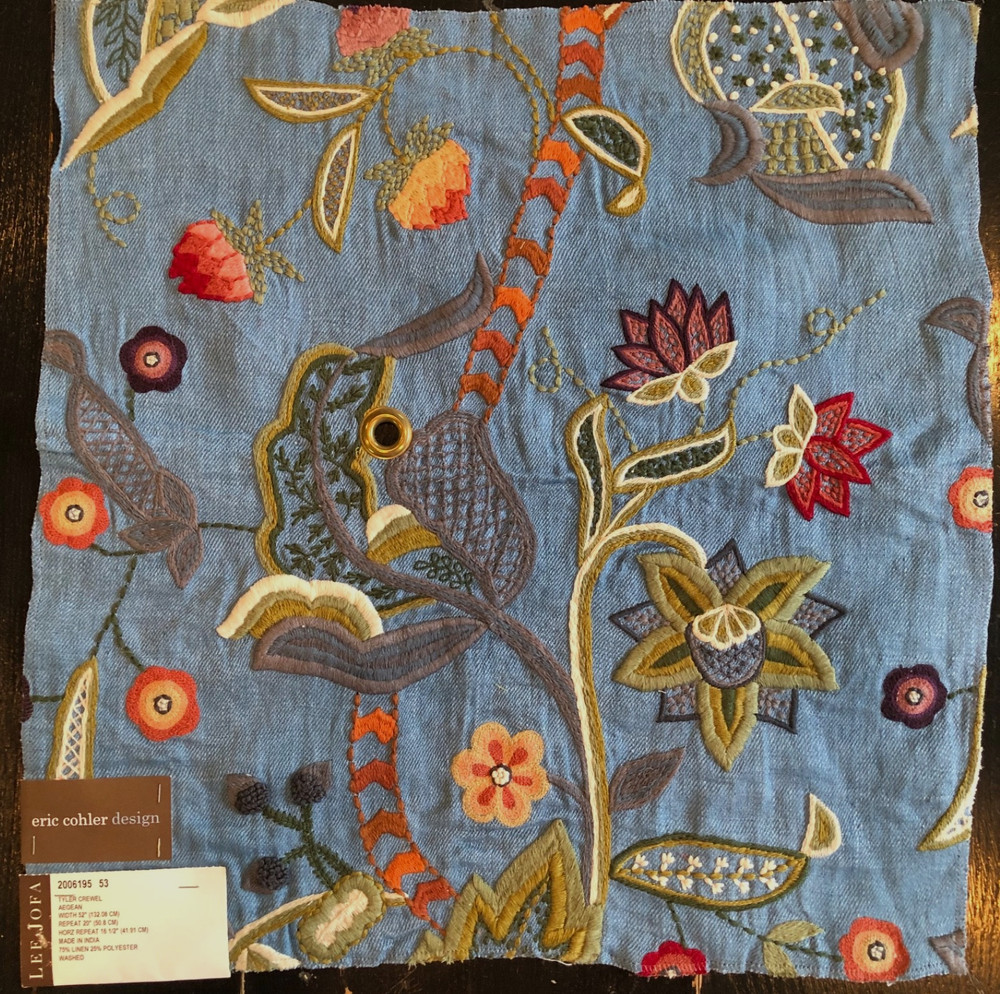 Eric Cohler LEE JOFA Tyler Crewel in Aegean 17 x 17 1/4″ Fabric Sample