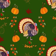 Thanksgiving Turkey and Pumpkins on Green Autumn 100% Cotton Fabric