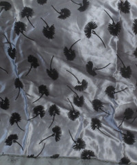 Vintage 8 yds x 56″ Gorgeous Silver Gray Flocked Black Floral SIlky Poly? Fabric